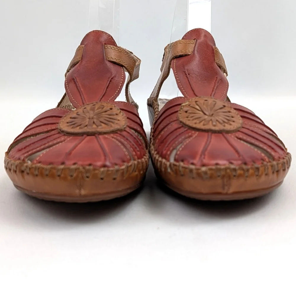Pikolinos Puerto Vallarta Sandals Leather Slingback Closed Toe Red Tan EU 37